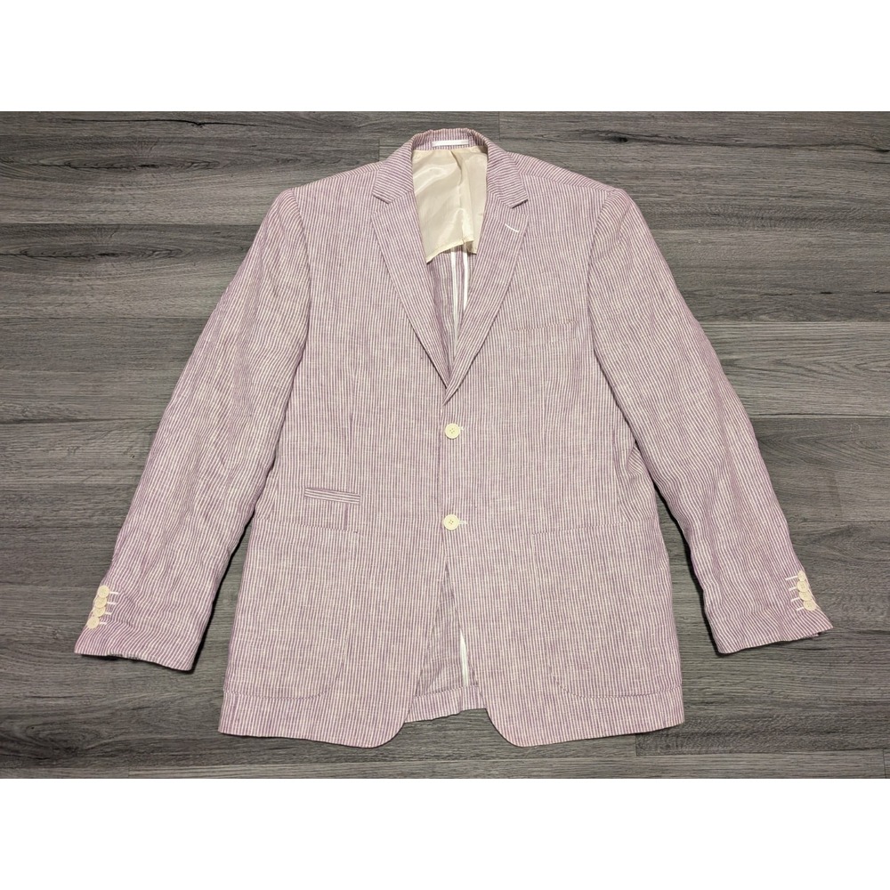 Enzo Tovare Men's Purple White Striped 100% Linen 2 Button Blazer Size 42R